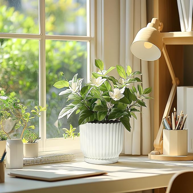 T4U 7 Inch Self Watering Pots for Indoor Plants, 4 Pack White Plastic Flower Pots for All House Plants, Flowers, African Violets