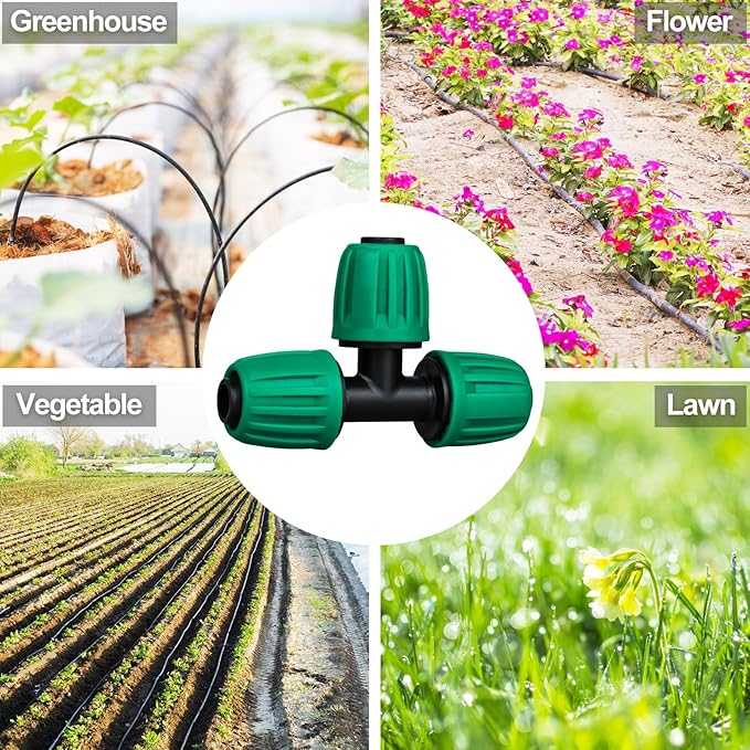 JAYEE 1/2 Inch Drip Irrigation Fittings, 12 Pcs Lock Barbed Tee for 1/2 in Vinyl Tubing, Drip Line Parts 3-Way Tees Irrigation Connectors for Drip Sprinkler Garden Lawn Watering Systems, Green