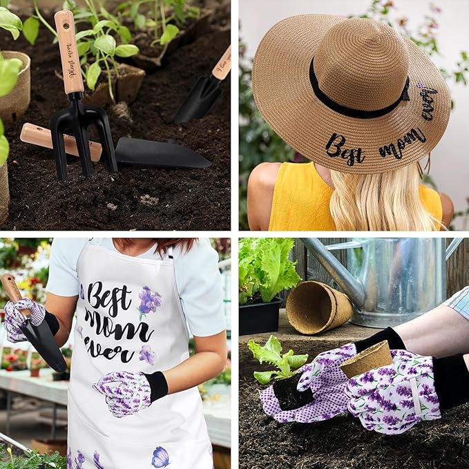 Percozzi Gifts for Mother‘s day Gardening Tools Kit Planting Tools Lavender Straw Hat Floral Apron Glove Women Birthday Spring Mother's Day Basket for Her Mother Outdoor Yard Lawn Horticulture Starter