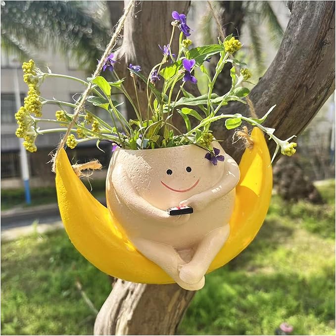 Swing Smiley Face Hanging Planter Pot for Indoor Outdoor Plants, Cute Swinging Plant Pot, Hanging Flower Pots, Face Planter Pot Head, Valentines Day Gifts for Her(Rocking Moon)