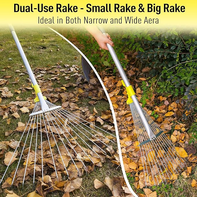 JARDINEER Adjustable Metal Leaf Rake, for Leaves Shrubs and Small Areas in Garden, Yard, Lawn, with Expandable Head 7-23", for Men Women Kids