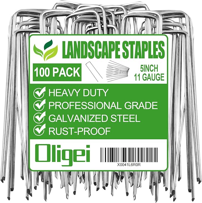 Oligei 100 Pack Garden Stakes, U-Shaped Tent Stakes, Galvanized Landscape Staples, Ground Stakes, for Landscaping Securing Weed Barrier Fabric, Irrigation Tubing, Holding Fence, Tarpaulin