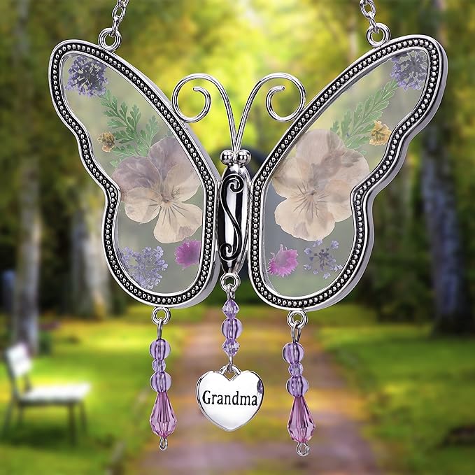 Laraine Butterfly Suncatcher with Pressed Colourful Flower Wings Mom Mother's Day Butterfly Glass Wind Chime Ornament Charm with Metal Heart Gifts for Mom Grandma Birthday (Yellow Grandma)