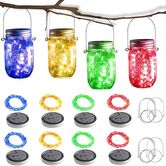 Solar Mason Jar Lights [Updated], 8 Pack 20 LED Waterproof Fairy Firefly Jar Lids String Lights with Hangers(NO Jars), Patio Yard Garden Wedding Decoration - Multi-Colored