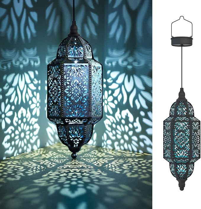 Twinkya Hanging Solar Lights Outdoor Garden Decorative Solar Lantern Waterproof Metal Moroccan Outdoor Decorations for Patio Pathway Yard Porch Backyard Garden Decor (Black, 1 Pack)