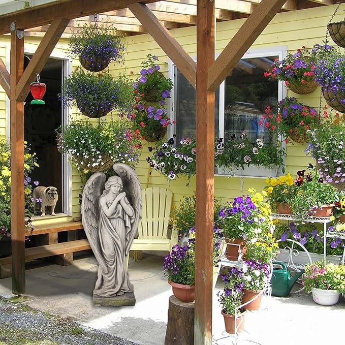 Outdoor Statues Angel Décor Garden Statue - 34 inch Large Garden Angels Outdoor Religious Statues Catholic Resin Concrete Finish Yard Patio Deck Home Entryway Hallway Sculpture 13.7 * 9.8 * 34 Inch