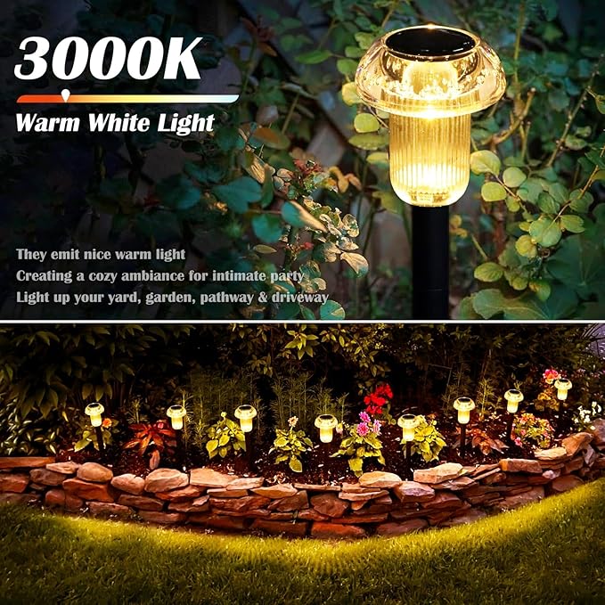 Solar Lights Outdoor Pathway Lights 8 Pack LED Waterproof Warm White Mushroom Shape for Garden Driveway Walkway Landscape Path Lawn Yard Decor