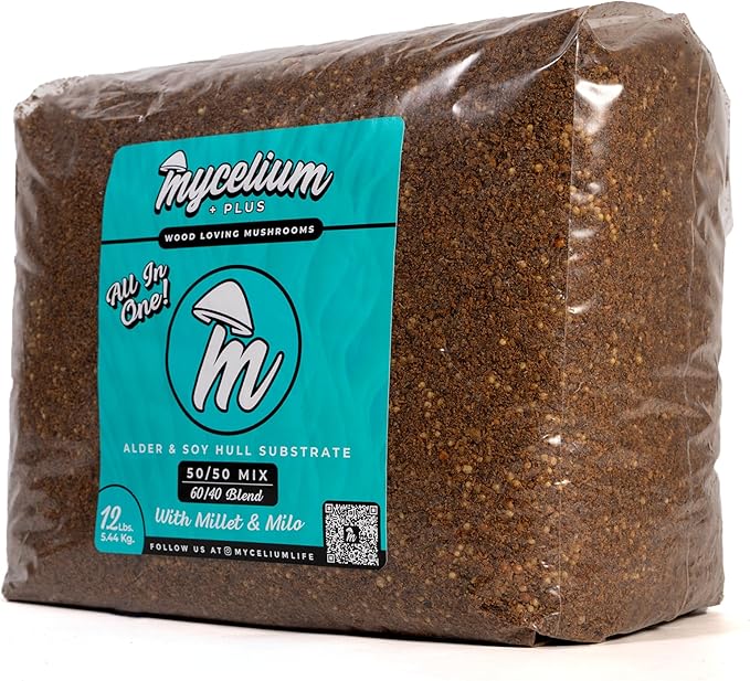 Mycelium Plus Gourmet Mushroom All-in-One Bag - Premium Organic 12 LB Blend of 50% Alder & 50% Soy Hull Substrate with Sterilized Millet/Milo Grain - Perfect for Wood-Loving Mushrooms