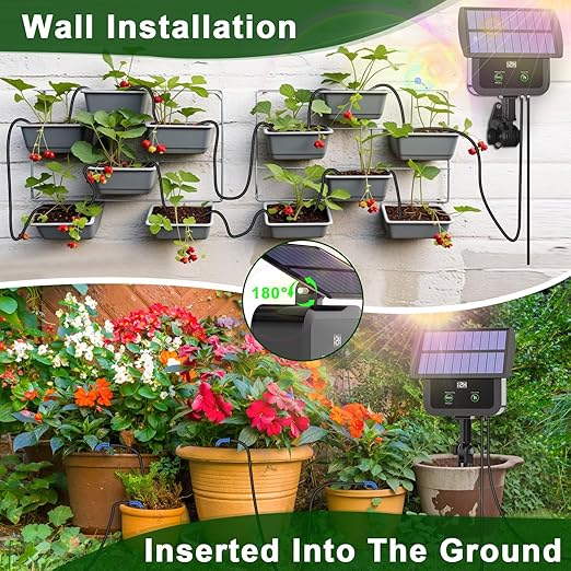 LCD Display Solar Drip Irrigation System Kit, 30 Working Modes & 10 Watering Interval Solar Powered Drip Irrigation Kit Supports 15 Potted Plants, 2200mAh Automatic Watering System for Garden