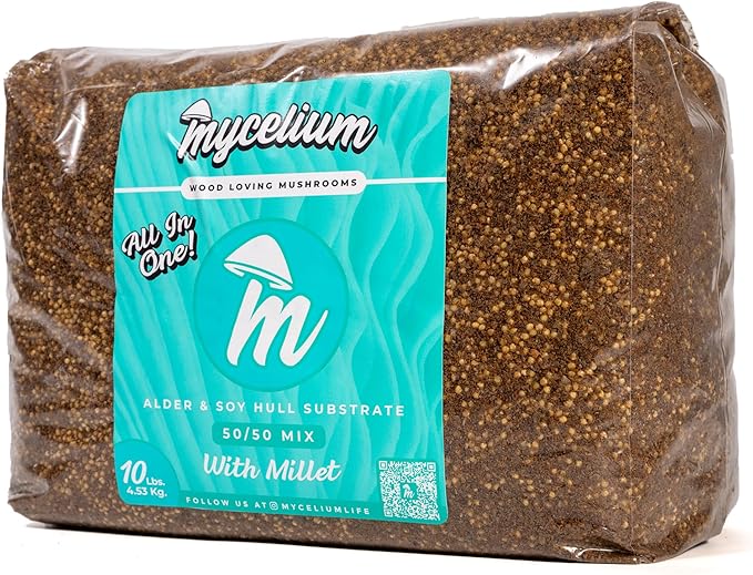Mycelium Gourmet Mushroom All-in-One Bag - Premium Organic 10 LB Blend of Alder & Soy Hull Substrate with Sterilized Millet Grain - Perfect for Wood-Loving Mushrooms - Home Growing Made Easy