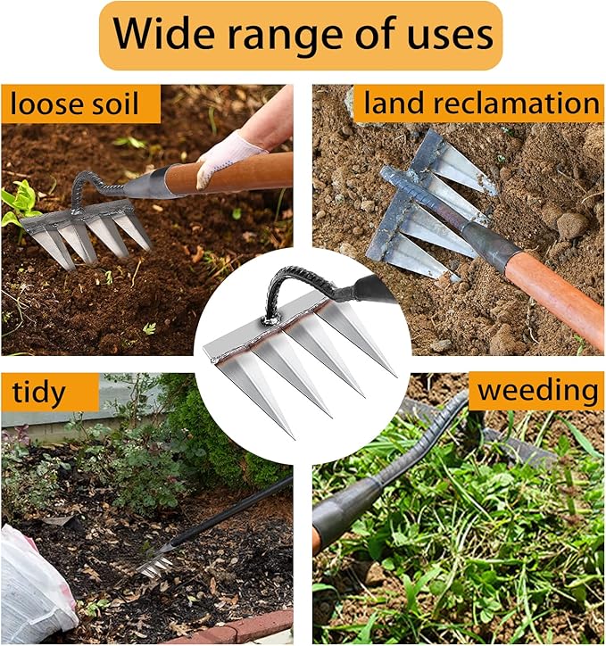 Iron Rake for Gardening and Weeding - Heavy Duty Garden Tool, Carbon Steel Hand Rake for Sturdy Dethatching, Heavy Duty Rake 4 Toothed Steel (Without Stick)
