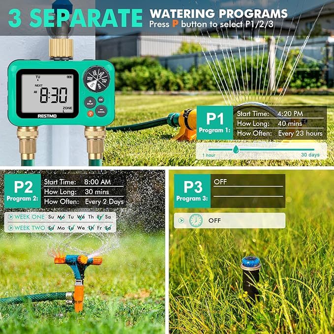 RESTMO Sprinkler Timer with Brass Inlet & Outlet, 2 Zone Programmable Water Timer for Garden Hose, 3 Separate Programs Hose Timer, Manual/Rain Delay/Automatic Watering for Drip Irrigation and Lawn