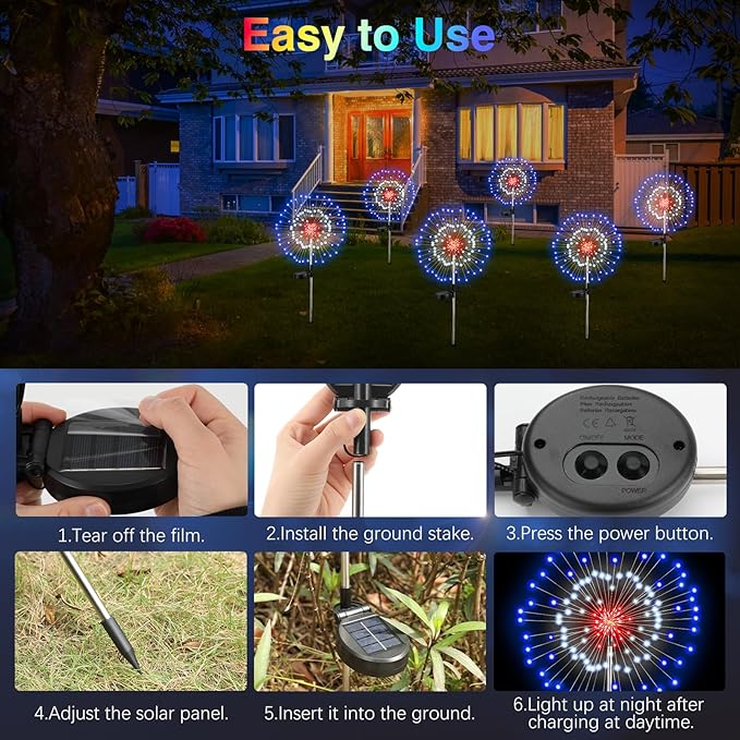4th of July Firework Solar Garden Lights, Red Blue White Solar Firework Lights with 120 LED 2 Lighting Modes, Outdoor Waterproof Yard Lighting for Independence Day Memorial Day Decor, 4 Pack