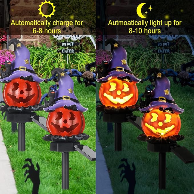 Retisee 2 Pcs Halloween Pumpkin Pathway Solar Lights Orange Jack O Lantern Stake Lights for Outdoor Halloween Decorations Yard Display LED Front Porch Decor(Witch Hat Pumpkin)