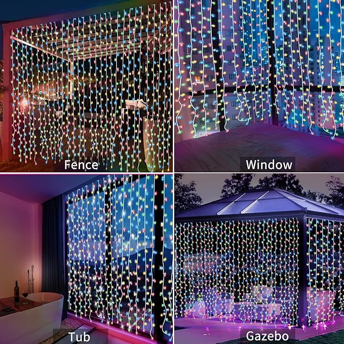 2 Pack Solar Curtain Lights Remote Control, Outdoor Garden Lights 300 LED 8 Modes Waterproof Solar Waterfall Fairy String Lights Decoration for Patio Garden Party Wedding (Multicolor 2 Pack)