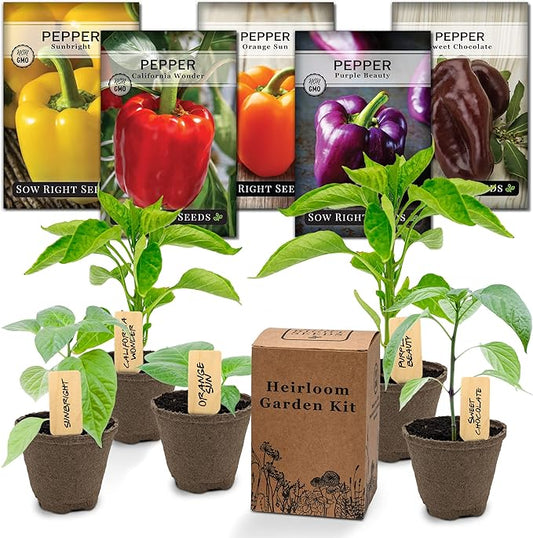Sow Right Seeds - Heirloom Bell Pepper Seeds Vegetable Growing Kit - 5 Bell Pepper Varieties - Pots & Potting Soil - Non-GMO Packets with Instructions to Plant a Productive Garden - Wonderful Gift