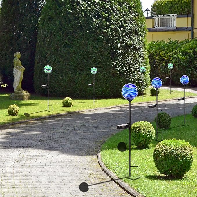 Solar Outdoor Decorative Lights Color Swirl Solar Garden Stake Glaze Glass LED Solar Garden Globe Lights Outdoor Decorative Lights for Pathway Yard Lawn Decoration 2 Pack Blue&Green