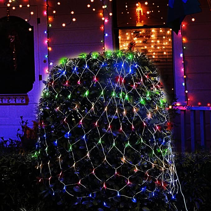 WATERGLIDE Outdoor Christmas Net Lights, 12FT x 5FT 360 LED Mesh String Light with 8 Lighting Modes, Connectable Light for Garden Tree Bushes, Holiday Wedding Party Decorations, Multicolor