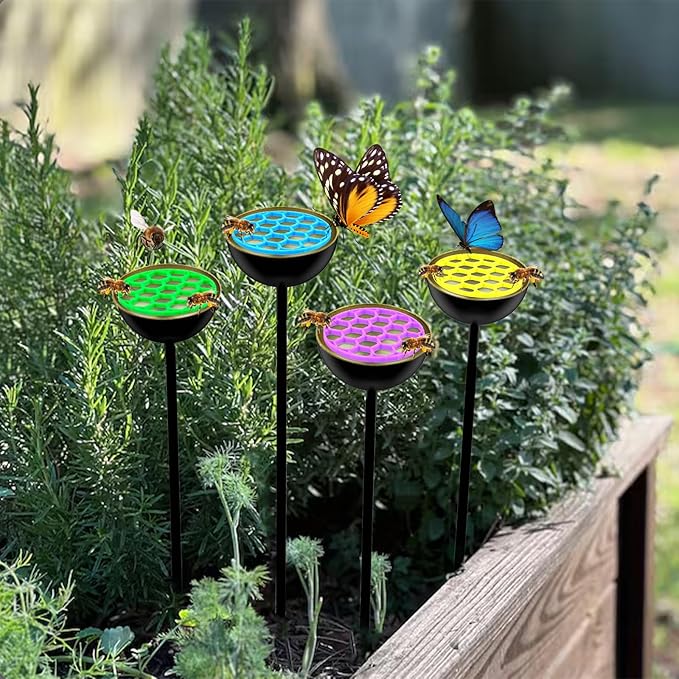 4 Pack Bee Cups for Garden with Bee Island, Bee Waterer and Butterfly Water Stations, Bee Water Catcher Cups for Thirsty Pollinators, Bee Bath, Colorful Metal Garden Sculpture Stakes Decor