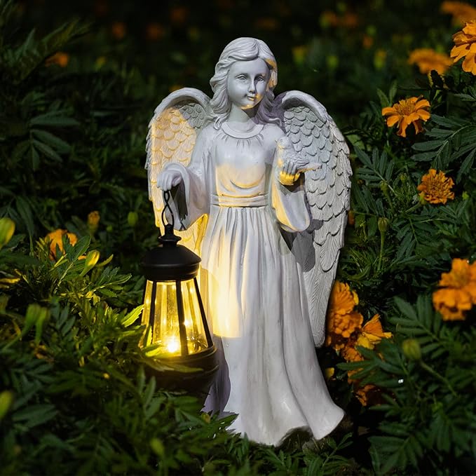 Solar Garden Statues Outdoor Décor,Angel Outdoor Statues with Lantern,Resin Garden Sculptures & Statues Garden Decor for Outside Patio Lawn Women Mom Gift (Angel with Lantern)