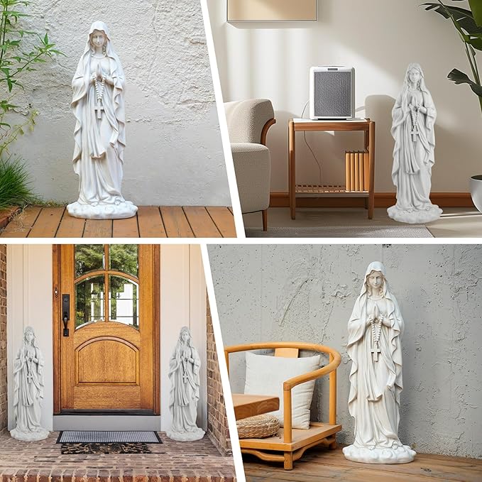 Virgin Mary Praying Statue 31.49 Inch Tall Outdoor Garden Religious Garden Statue Mary Statue Outdoor Yard Patio Deck Home Entryway Hallway Sculpture Magnesium Oxide Stone （White Virgin Mary）