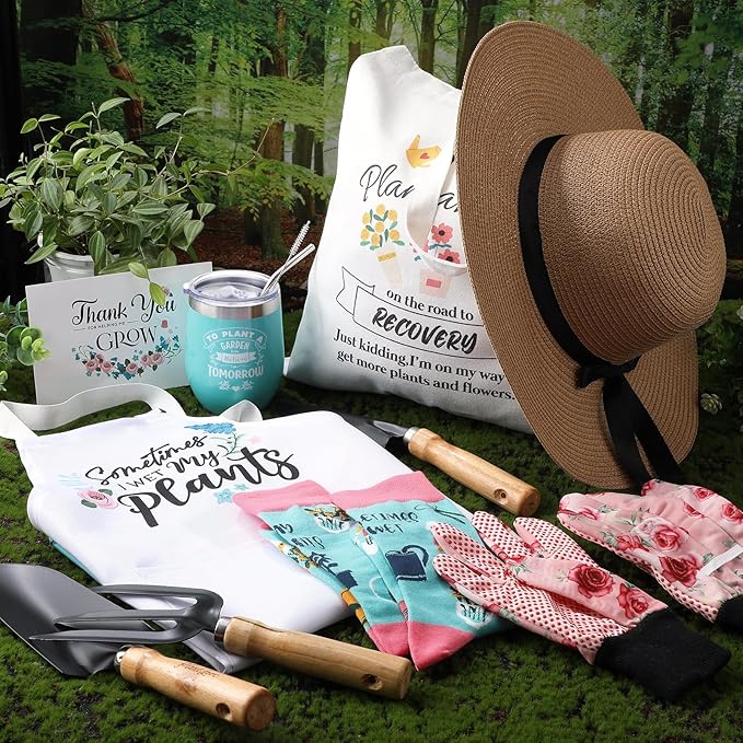 Toulite 10 Pcs Gardening Kit for Women Gardening Tool Set Gardening Gifts for Women with Planting Tools Straw Hat Floral Apron Glove Gardening Gift Basket Cup with Straw for Plant Lover Women