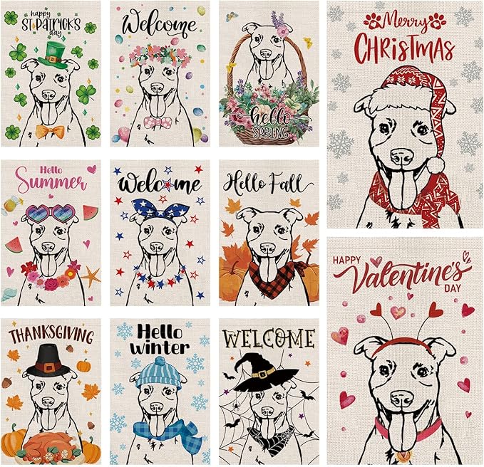 Seasonal Garden Flags Pitbull Double Sided Flags Set of 11 Holiday Farmhouse Indoor Outdoor Yard Lawn Christmas Gifts Decorations 12.5x18 Inch