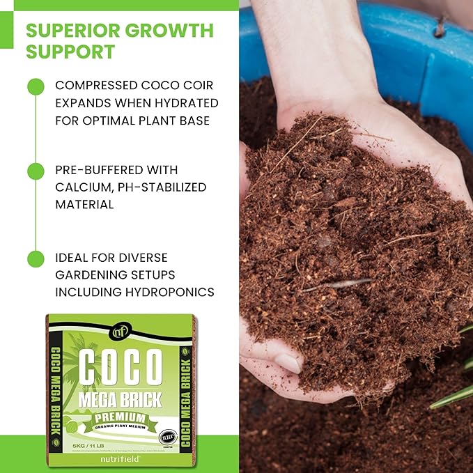 Coco Coir Mega Brick Organic Coconut Coir 11 Pound Coco Fiber Compressed Block Pre Washed Buffered RHP Cert Potting Soil Indoor Outdoor Plant Garden Use Vegetable Flower Seed Starter Mushrooms