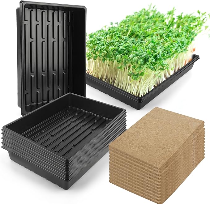 6Pack Microgreens Growing Trays with 12Pcs Plant Hemp Fiber Grow Mat, 15 x 11 x 2.5 Inch Garden Seed Starter Trays Kit, Microgreens Growing Kit for Seedlings, Growing Microgreens, Indoor Gardening