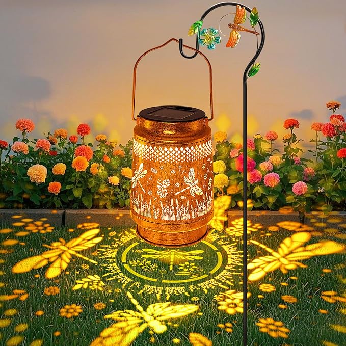 Solar Lanterns Outdoor Waterproof Dragonfly Garden Decor, Birthday Gifts for Women Mom Grandma Hanging Solar Lights Metal LED Decoration Outside with Shepherd Hook for Garden Yard Patio Porch