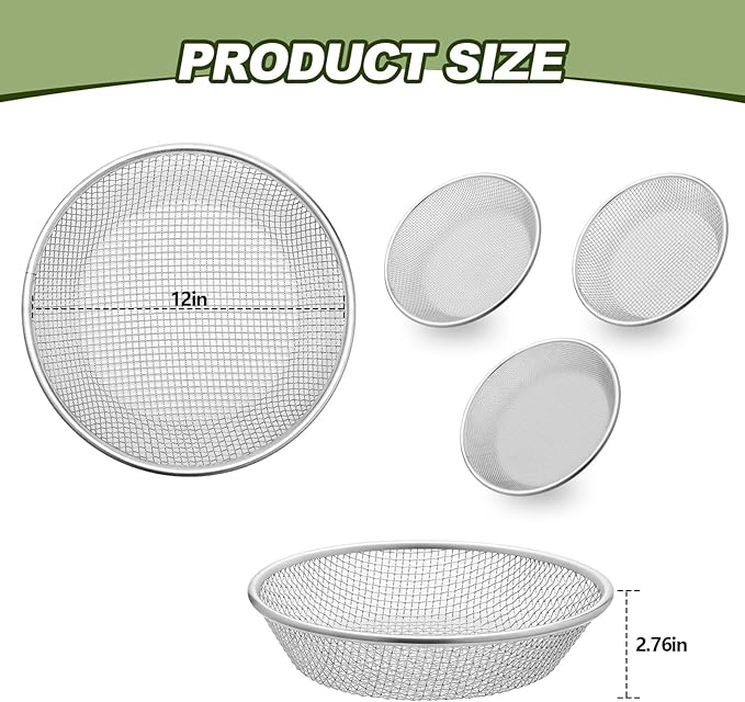 Yaomiao 3 Pack Stainless Steel Sand Sifter Garden Soil Sifter for Rocks Compost Sieve Garden Potting Lawn Soil Sieve for 5 Gallon Bucket, 0.08/0.12/0.2 Inch Mesh Screen