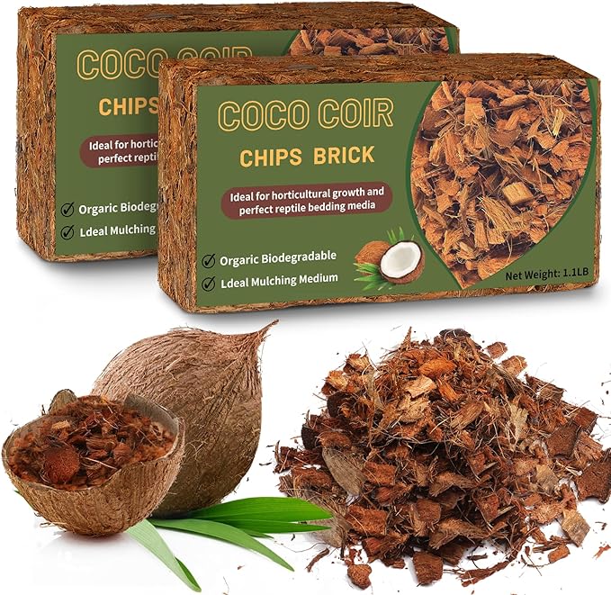 Coco Chips Substrate 2.2 LBS, Organic Coconut Husk Brick with Low EC and pH Balanced, Easy to Expand Coco Coir Mulch Medium for Garden Flowers & Reptile Bedding (2 Pcs)