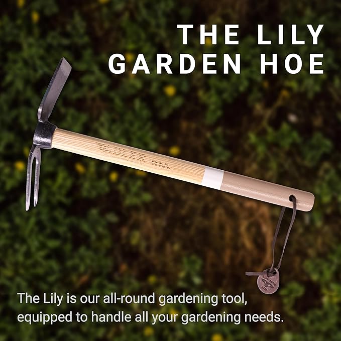 Adler - The Lily Garden Hoe, Heavy Duty Yard Tool Lawn Care, Loosening Soil, Weeding, and Digging, Steel Head 10.6 inches, Wood Handle 17.7 inches (Rose)