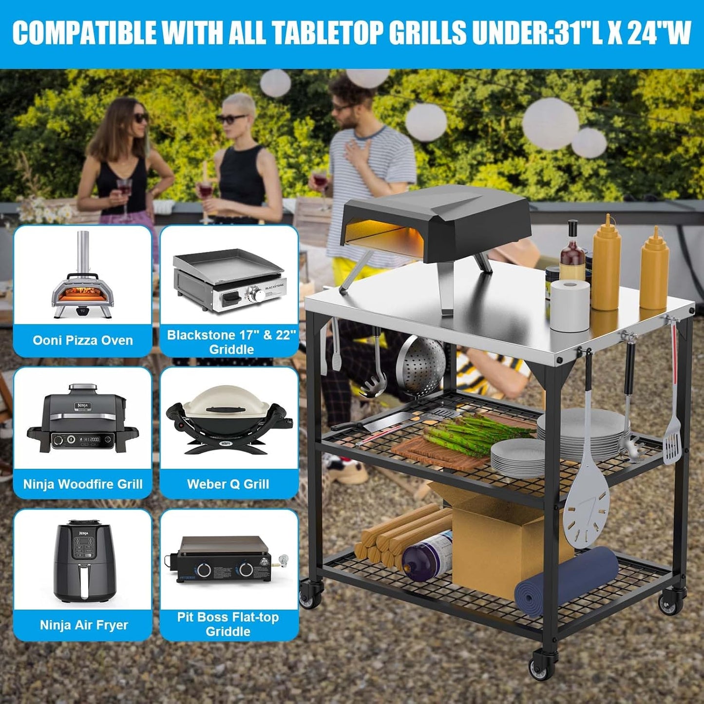 LS'BABQ Pizza Oven Table Cart for Ooni, Ninja Woodfire, Blackstone Grill Stand, Outdoor Grill Cart with Wheels, Stainless Steel Rolling Trolley Kitchen Cooking Food Prep and Work Cart Table with Cover