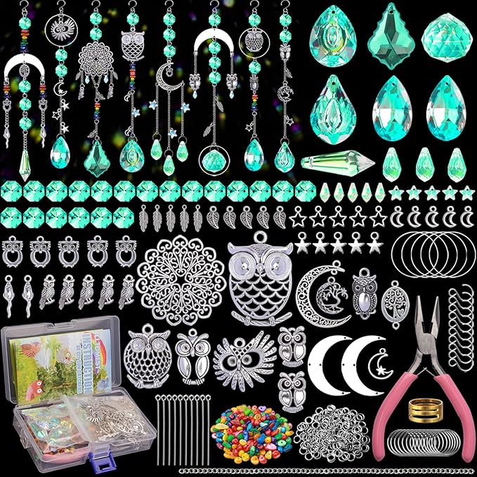 WASTROYAL 420 pcs DIY Sun Catchers Making Supplies Kit Art and Crafts for Adults Prism Hanging Decorative Suncatcher with Crystals Rainbow Maker for Indoor Windows Office Home Halloween Decor (Owl)
