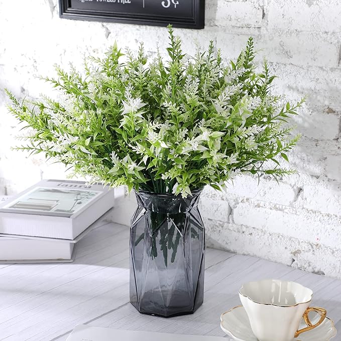 12 Bundles Artificial Lavender UV Resistant Plants Outdoor Faux Flowers Shrubs for Floral Arrangement, Table Centerpiece, Home Garden Decor (White)