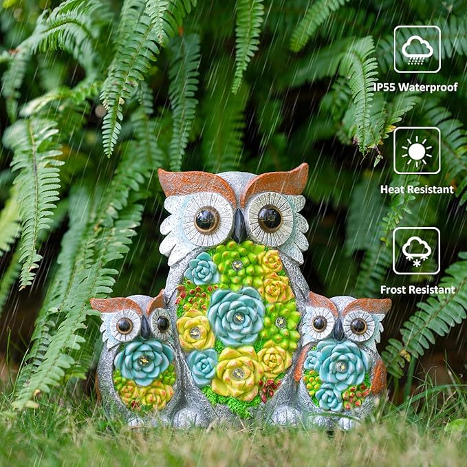 Solar Garden Statue Lights Owl Figurine with LED Lights, Outdoor Garden Succulent Ornaments Waterproof Decoration for Outside Patio Yard Lawn Decor