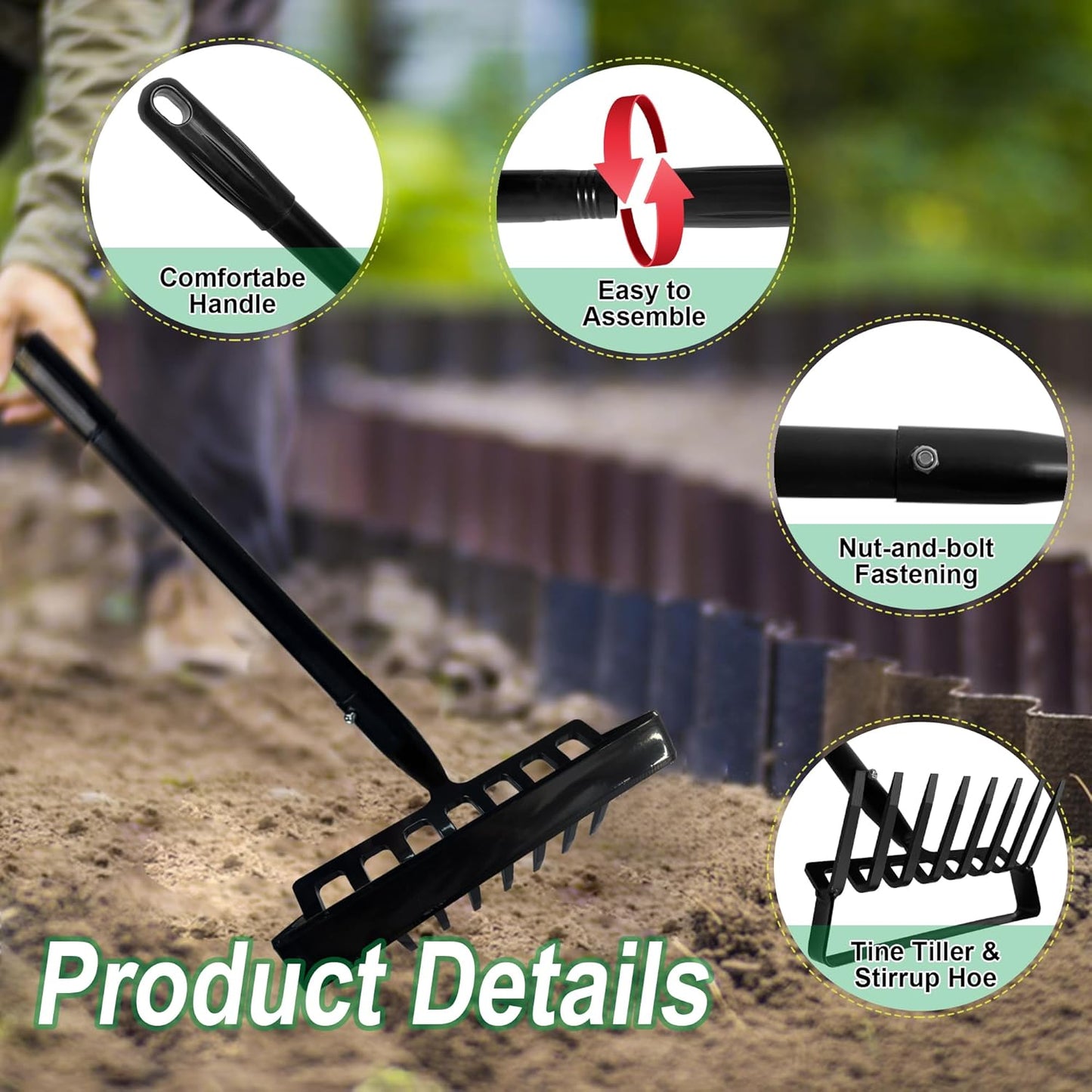 8-Tines Rake and Stirrup Hoe, Metal Garden Hula Hoes Tiller Rake Tool with Adjustable Long Handle, Action Scuffle Loop Hoe for Weeding, Digging, Loosening Soil