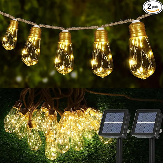 Solar Outdoor String Lights 2PCS 24FT Vintage Rope Hemp Solar Lights with 20 Shatterproof Bulbs,8 Modes Solar Powered Lights with Memory Function,Waterproof for Fence,Yard,Camping(Warm White)