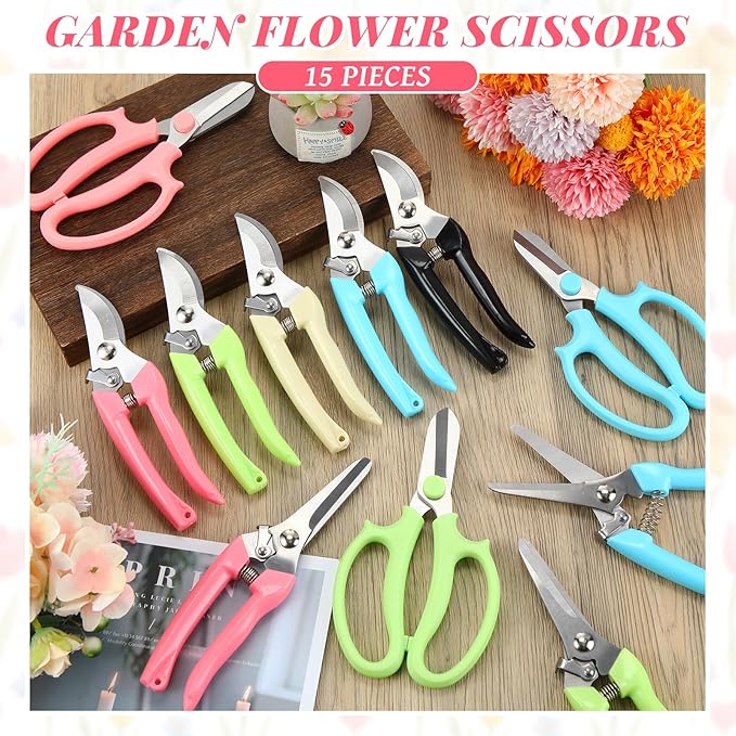 WILLBOND 15 Pcs Garden Floral Plant Scissors Stainless Steel Flower Shears, Handheld Sharp Scissors with Grip Handles, Straight Blade Clippers Tree Branch Cutter for Fall Gardening Tool