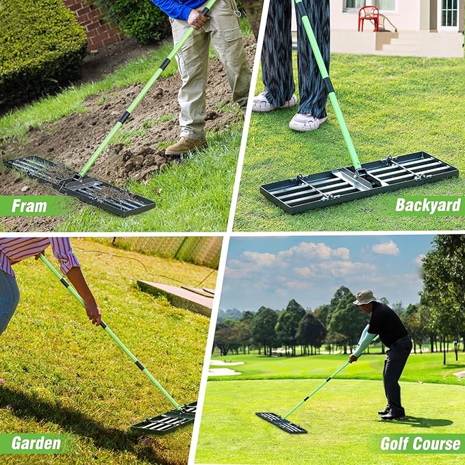 Lawn Leveling Rake 30x10 inch,Stainless Steel Lawn Leveler with Green Positioning Stakes,6.3FT Adjustable Long Handle,Heavy Duty Level Lawn Tool for Backyard, Garden, Golf Course, Farm, Pasture