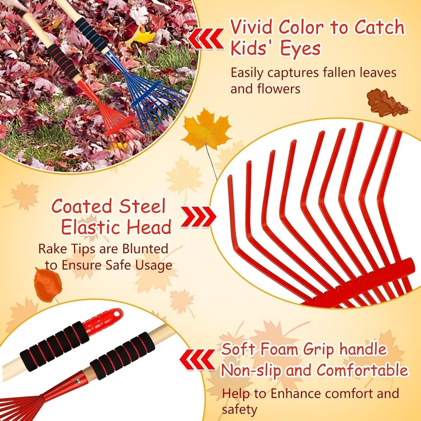 2 Pack Kids Rakes for Leaves, 28" Small Metal Toddler Rakes Garden Lawn Rake with Hardwood Handle and Soft Grip, Lightweight Child Size Yard Leaf Rake Kid Gardening Tools Set for Boys and Girls