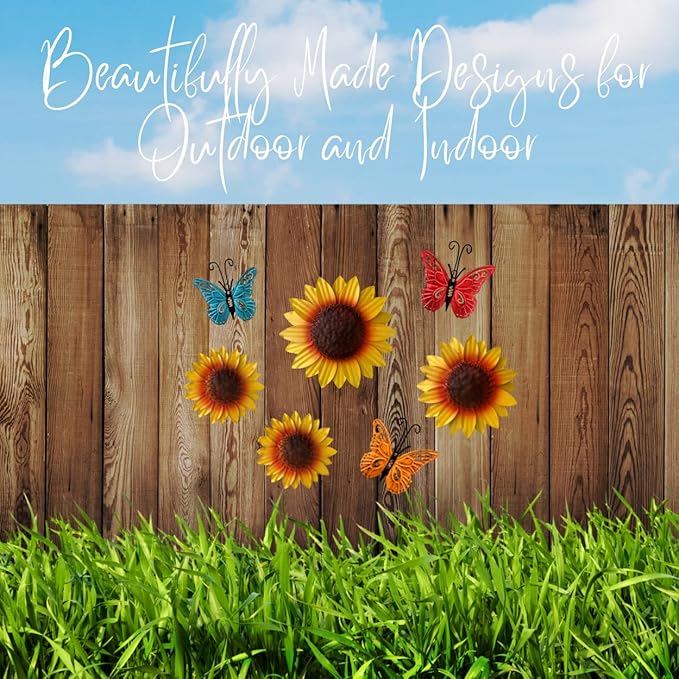 INNOBOUTIQUE Sunflower Wall Decor - Patio Sunflower Kitchen Decor Flower Wall Decor Outdoor Metal Wall Art Metal Flowers, Butterfly Decor 7 pieces