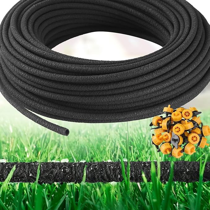 Sasylvia 1/4 in Drip Irrigation Tubing Soaker Hose System with 2GPH Drip Irrigation Emitters, Porous Drip Line Irrigation for Vegetable Garden Beds, Planters, Flower(10 Pcs,100ft)
