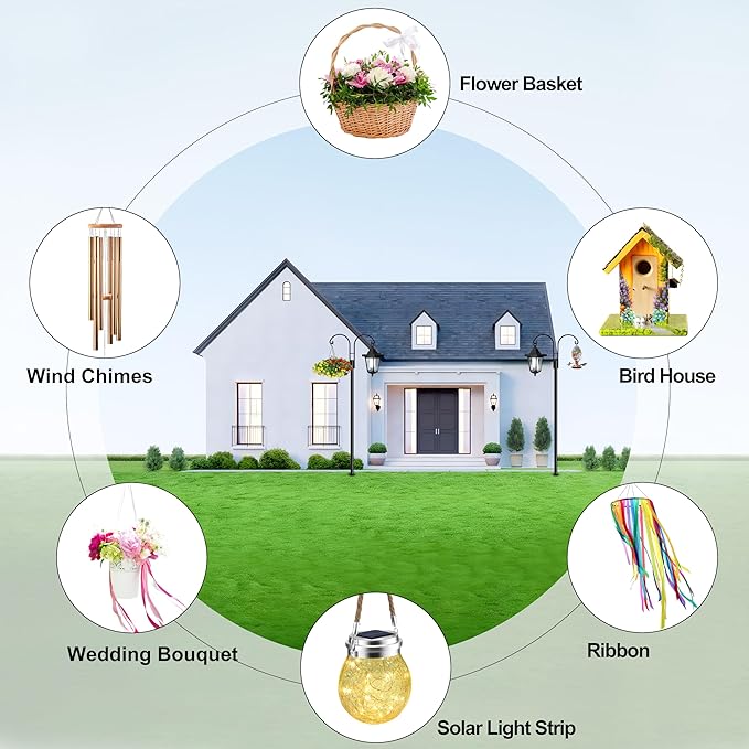 Ottsuls Bird Feeder Pole, 2 Pack 76 INCH Double Shepherds Hooks for Outdoor, Garden Pole with 5 Base Prongs Heavy Duty Planter Hooks for Hanging Plant Baskets, Lantern, Hummingbird Feeder