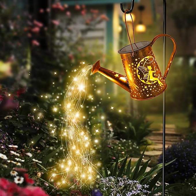Big Solar Lanterns Outdoor Waterproof, Moon Fairy Watering Can Garden Decor,Hanging Solar Lights Yard Art, Outside Patio Decorations Gardening Birthday Gifts for Mom Grandma Women with Shepherd Hook
