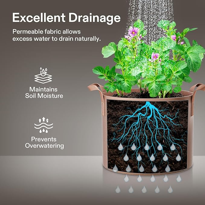 VIVOSUN 5-Pack 15 Gallons Grow Bags Heavy Duty Thickened Nonwoven Fabric Pots with Strap Handles Tan