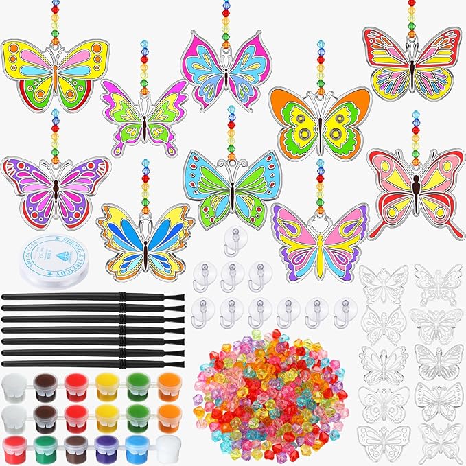 30 Sets Suncatchers Window Art Kits, DIY Sun Catchers Bulk Crafts Paint Your Own Window Ornaments for Boys Girls Classroom Home Party Birthday Activity Decor (Butterfly Style)