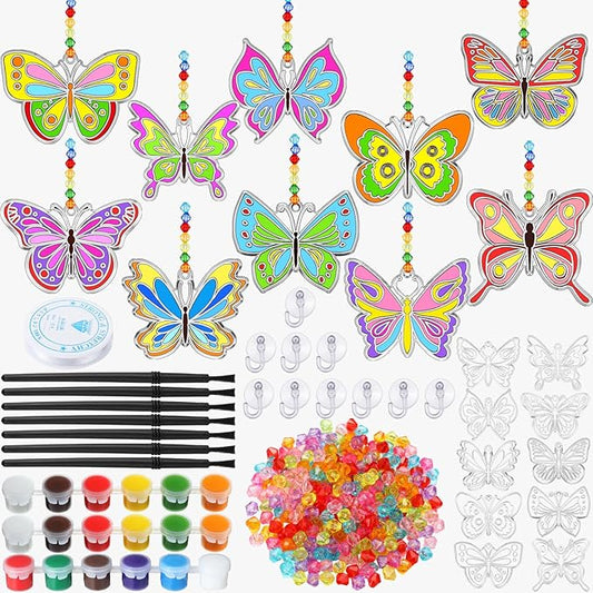 30 Sets Suncatchers Window Art Kits, DIY Sun Catchers Bulk Crafts Paint Your Own Window Ornaments for Boys Girls Classroom Home Party Birthday Activity Decor (Butterfly Style)