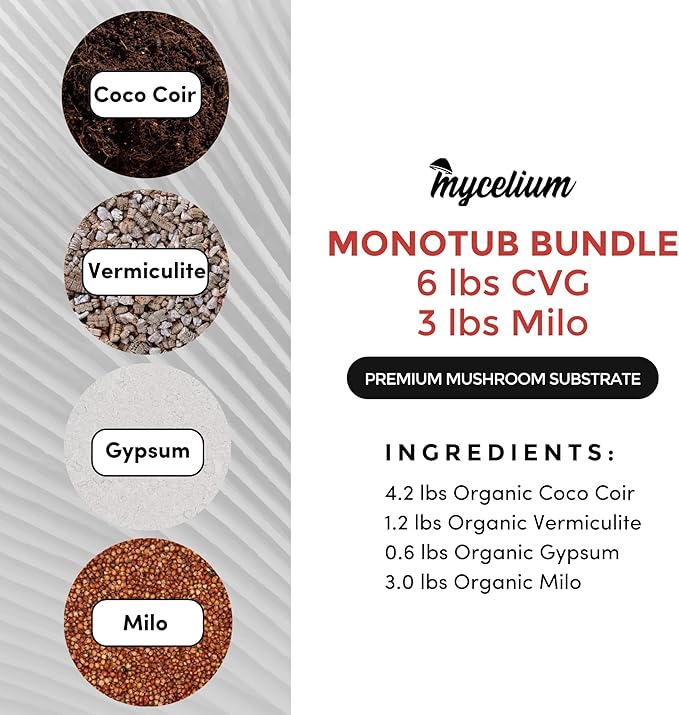Mycelium's Dung-Loving Mushroom Monotub Bundle – 6 LB Substrate & 3 LB Milo Grain | Expertly Prepared for Peak Mycelium Growth | Nutrient-Dense for Home Growers | Sterilized Bags for Beginners & Pros